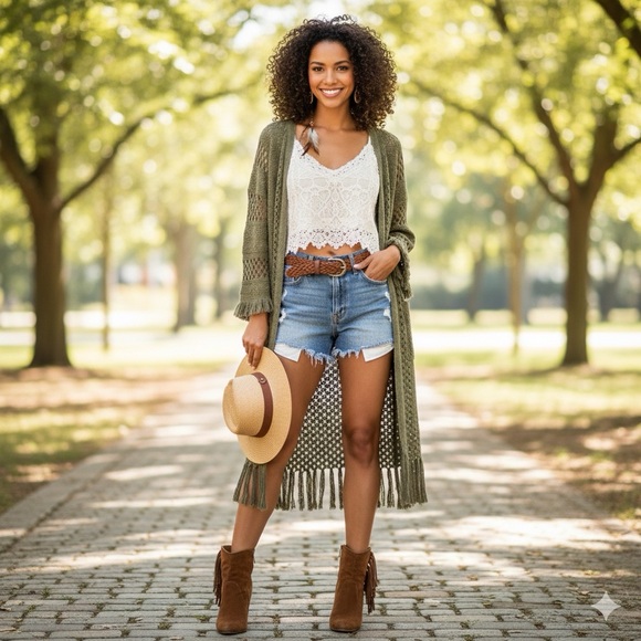 Do everything in love Sweaters - Olive green crochet boho fringe knit cardigan ( small) festival / cottagecore